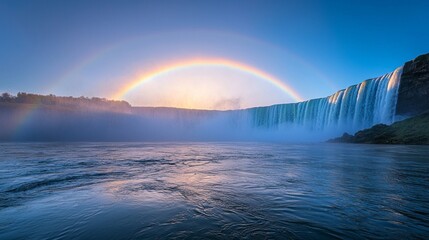 Aufkleber - A breathtaking rainbow stretches across a clear sky over majestic waterfalls, reflecting morning light on calm waters, creating a peaceful, enchanting atmosphere in nature's embrace