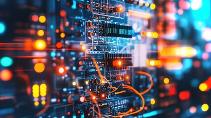 Poster - Exploring intricate details of an abstract circuit board in vibrant colors and dynamic lighting