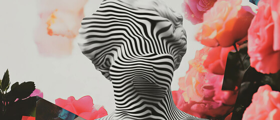 Poster - Exploring a minimalist collage of geometric shapes and floral elements with a statuesque figure