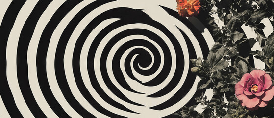 Poster - Minimalist collage with geometric shapes and floral elements on a white background