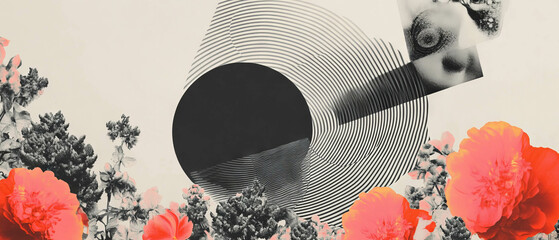 Aufkleber - Minimalist collage of sound wave and floral elements on a white background