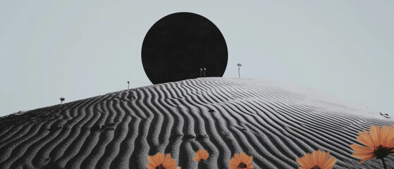 Poster - Minimalist collage featuring sand dune, geometric shapes, and floral elements in soft tones