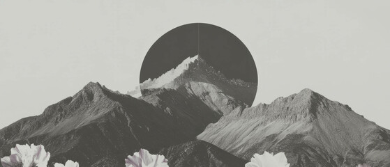 Aufkleber - Minimalist collage of geometric shapes enhancing a pixelated mountain range with flowers