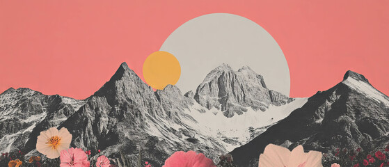 Poster - Minimalist collage featuring geometric shapes and a mountain range with flowers in background