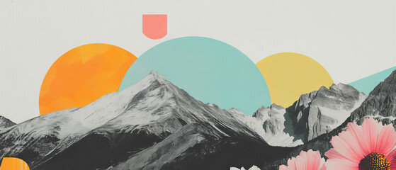 Poster - Minimalist collage of geometric shapes and mountain range with flowers in soft colors