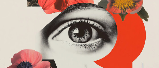 Poster - Minimalist collage featuring a hypnotic eye with geometric shapes and flowers on a white background