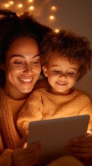 Aufkleber - Cozy Digital Parenting Mother and Child with Tablet Against Warm Light - Modern Lifestyle and Family Tech Engagement in Home Environment