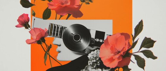 Poster - Minimalist collage featuring geometric shapes and flowers with a film splicer close up