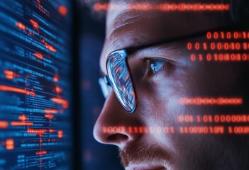 Leinwandbilder - Futuristic Digital Security Man Analyzing Code Reflecting in Glasses - Tech Innovation for Enhanced Cyber Protection and Data Integrity in Commercial IT Solutions