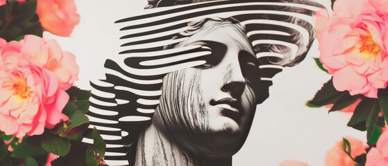 Aufkleber - Minimalist collage features a statue's face intertwined with swirling patterns and flowers