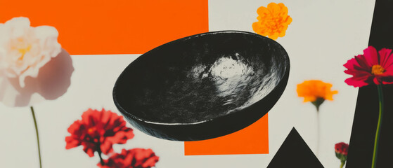 Poster - Minimalist collage featuring textured ceramic dish alongside vibrant flowers and geometric shapes