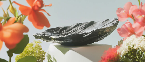 Poster - Minimalist collage featuring a textured ceramic dish with floral elements in soft colors