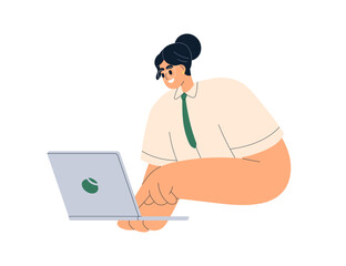 Aufkleber - Woman working on laptop. Professional consultant, financial advisor. Online bank manager. Happy female corporate specialist at computer. Flat vector illustration isolated on white background