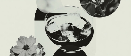 Poster - Minimalist collage featuring a punch bowl and floral geometric shapes on a light backdrop