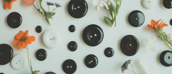 Poster - Minimalist collage featuring ceramic buttons and floral elements on a white background
