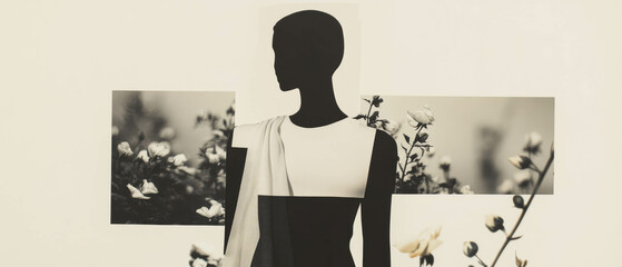 Aufkleber - Minimalist collage featuring a dress form with floral elements on a white background