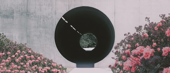 Poster - Minimalist collage featuring a black-and-white tunnel entrance with floral accents