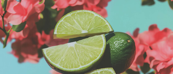 Poster - Minimalist collage featuring lime wedges against a floral background