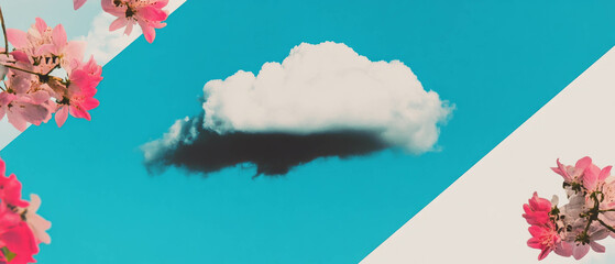 Aufkleber - Minimalist collage of geometric shapes and flowers with a dark cloud in a blue sky