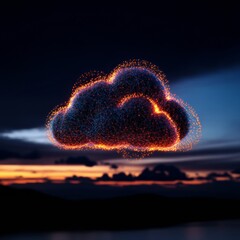 Poster - Neon Digital Cloud System Futuristic Network Visualization in Evening Sky - Advanced Tech Infrastructure for Business Innovation and Cloud Computing Solutions