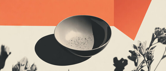 Poster - Minimalist collage featuring a snack bowl with crumbs against a geometric floral background