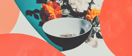 Aufkleber - Minimalist collage featuring a snack bowl with crumbs surrounded by geometric shapes and flowers
