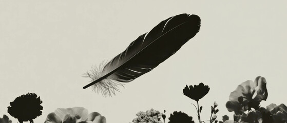 Poster - Minimalist collage with a levitating feather and floral geometric elements on a white backdrop