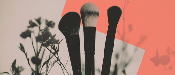 Poster - Minimalist collage showcasing makeup brushes against a floral backdrop