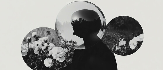 Poster - Minimalist collage of geometric shapes and flowers with a fragile bubble close up