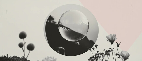Aufkleber - Minimalist collage featuring a delicate bubble surrounded by geometric shapes and flowers