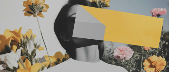 Poster - Minimalist collage blending geometric shapes and floral elements with sticky notes