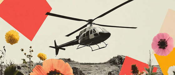 Poster - Minimalist collage featuring a helicopter and floral elements against a white background