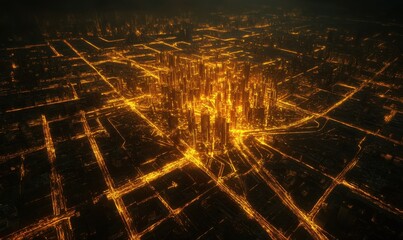 Wall Mural - Dynamic aerial view of a glowing metropolis at night, with intricate street patterns and shimmering skyscrapers.