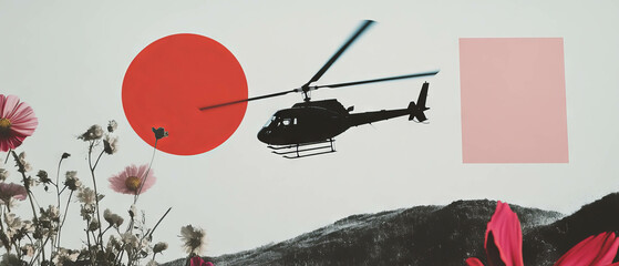 Poster - Minimalist collage featuring a helicopter above a floral landscape