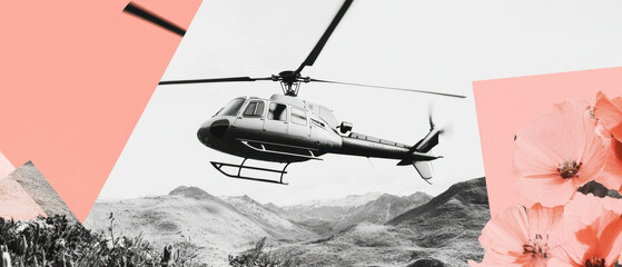Fototapete - Minimalist collage featuring a helicopter in a landscape with geometric shapes and flowers