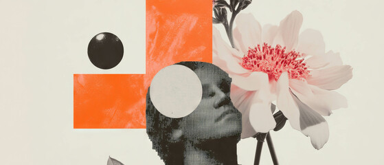 Poster - Minimalist collage featuring geometric shapes and floral elements with a pixelated coin design