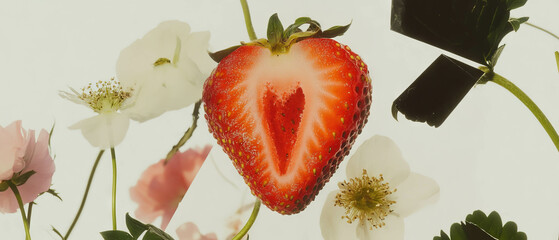 Poster - Minimalist collage featuring a halved strawberry and floral elements on a white background