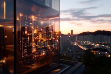 Fototapete - Futuristic Urban Smart Home Hub Holographic IoT Connectivity in Modern Seoul Apartment - Metallic and Soft Textures for Next-Gen Business Solutions