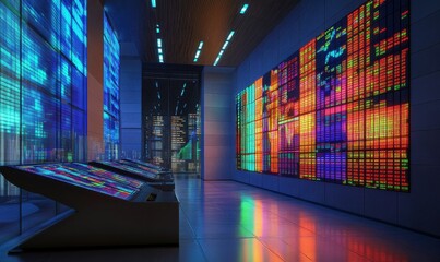 Wall Mural - Dynamic stock chart illuminated by vibrant colors, displaying fluctuating financial trends in a sleek and modern setting