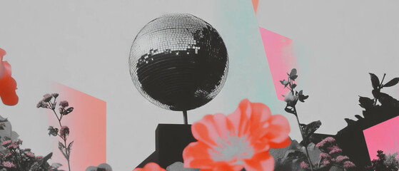 Poster - Minimalist collage featuring disco ball and floral elements creates vibrant light patterns