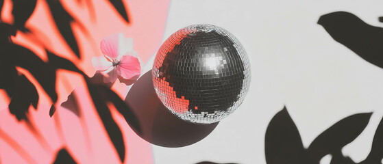 Poster - Minimalist collage featuring a disco ball and floral geometric elements on a white background