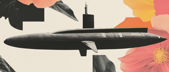 Poster - Minimalist collage featuring a submarine surfacing amidst geometric shapes and floral elements