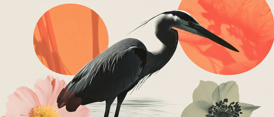 Poster - Elegant heron collage featuring geometric shapes and floral elements on a white background