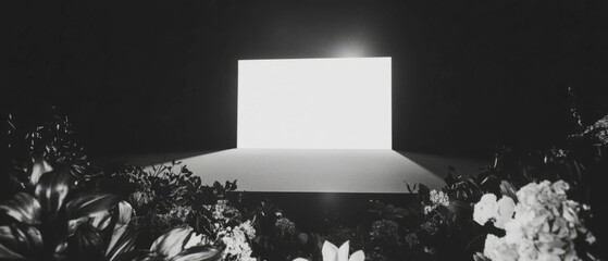 Poster - Minimalist collage featuring a spotlight on an empty stage surrounded by floral elements