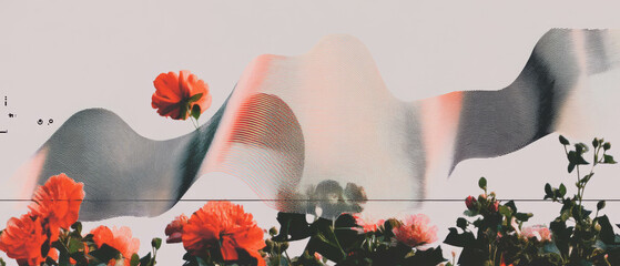 Poster - Minimalist collage blending geometric shapes with floral elements and audio waveform design