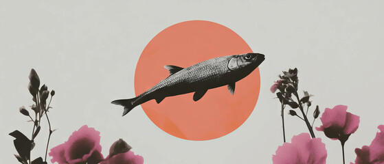 Poster - Minimalist collage of a fish swimming against the tide with floral elements and geometric shapes