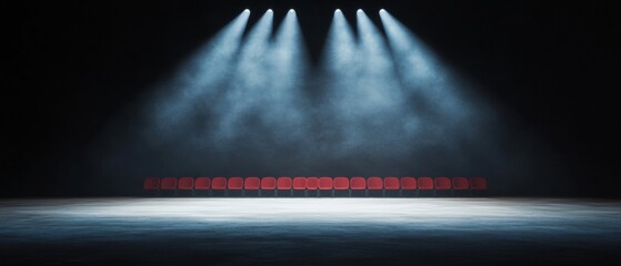 Fototapete - Minimalist Auditorium Design Red Chairs and Spotlights on Concrete Stage - Elevating Seminar Spaces and Modern Corporate Event Ambiance