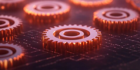 Leinwandbilder - Cybernetic Gear Art Metallic Cogwheels on Digital Grid - Futuristic Engineering Visualization for Tech Marketing and Industrial Design Innovation