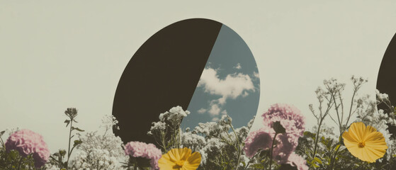 Poster - Minimalist collage combining geometric shapes and sand magnification with floral elements