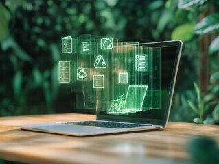 Poster - Eco-Digital Workspace Transformation Cluttered Desk Morphs to Minimalist Digital Icons in Natural Light for Modern Remote Productivity and Sustainable Business Practices